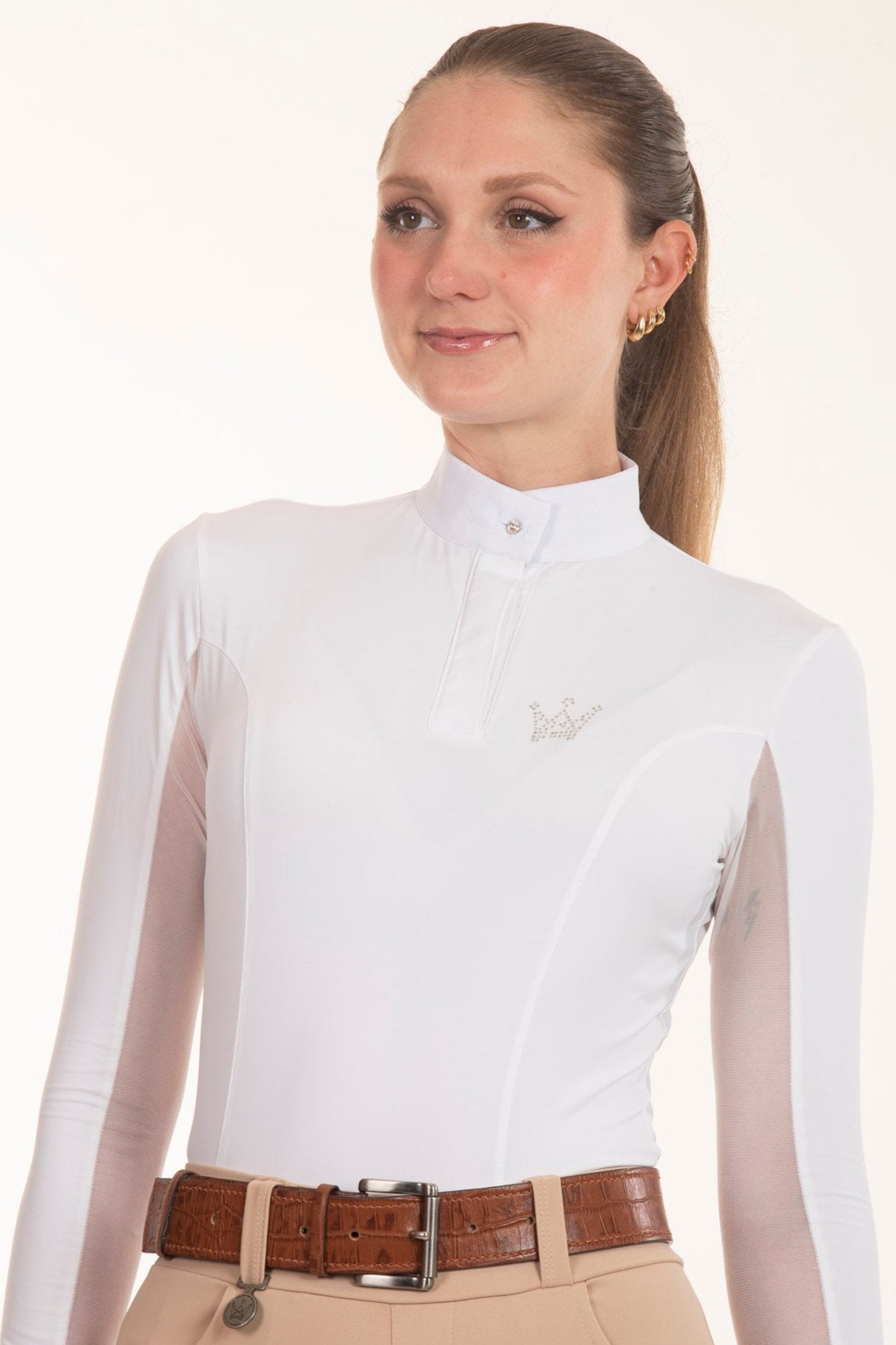 Camisa Hipismo Tule Cristal Manga Longa Branca