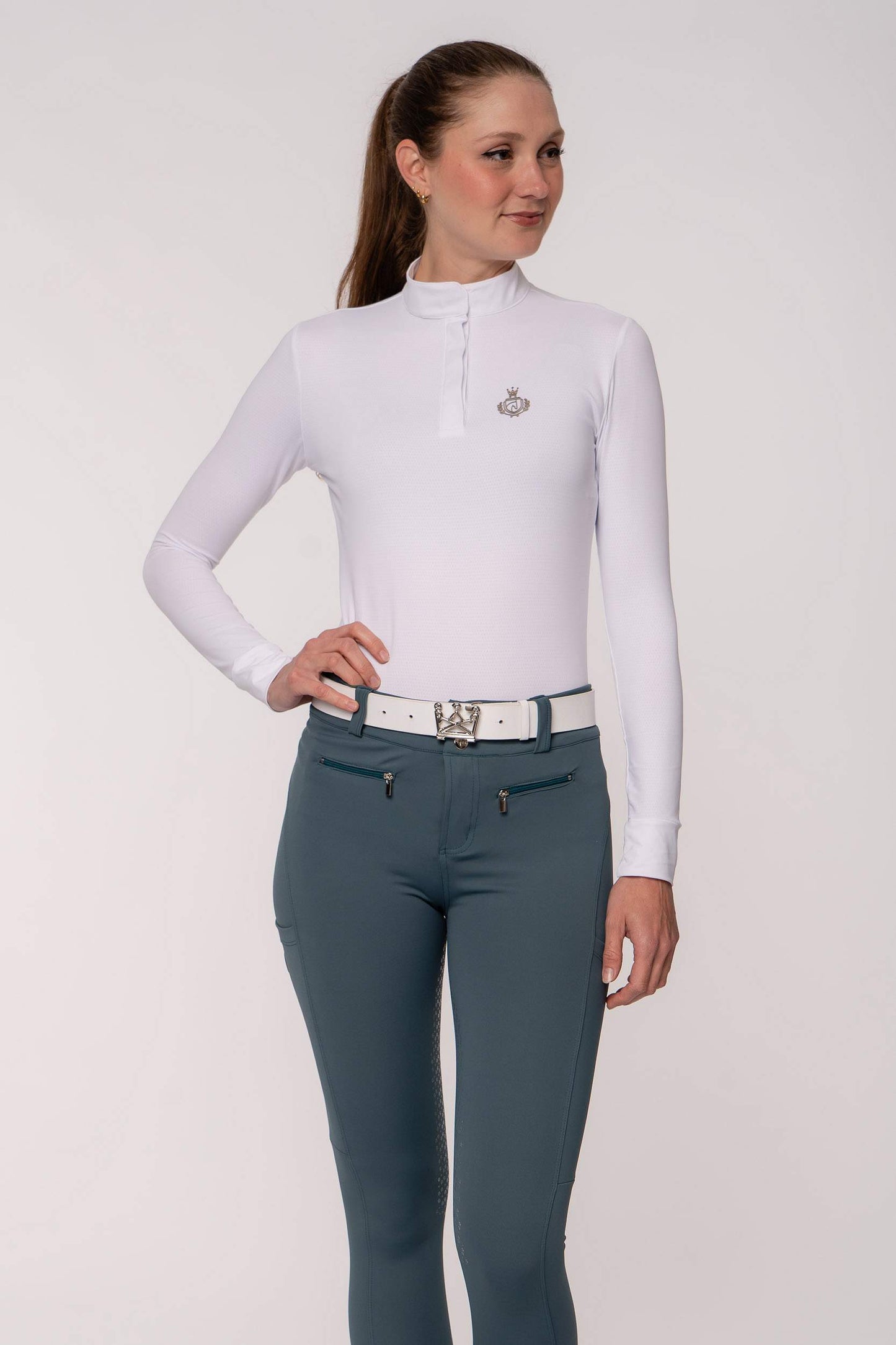 Camisa Hipismo Clássica Brasão Manga Longa Branca