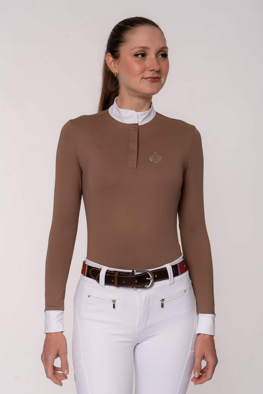 Camisa Hipismo Clássica Brasão Manga Longa Cappuccino Prova