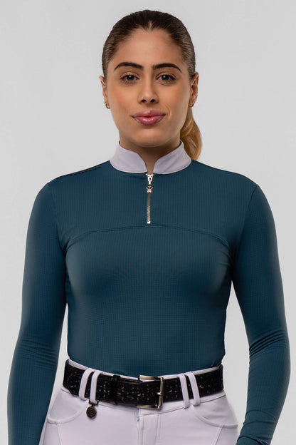 Camisa Hipismo Gola Redonda Painel Manga Longa Petróleo Prova