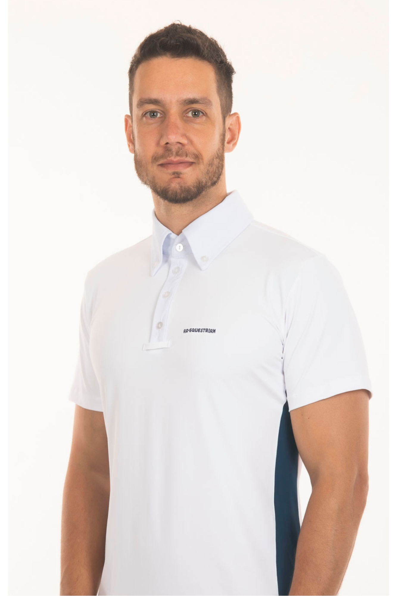 Camisa Hipismo Recorte Lateral Manga Curta Masculina Branca e Petróleo