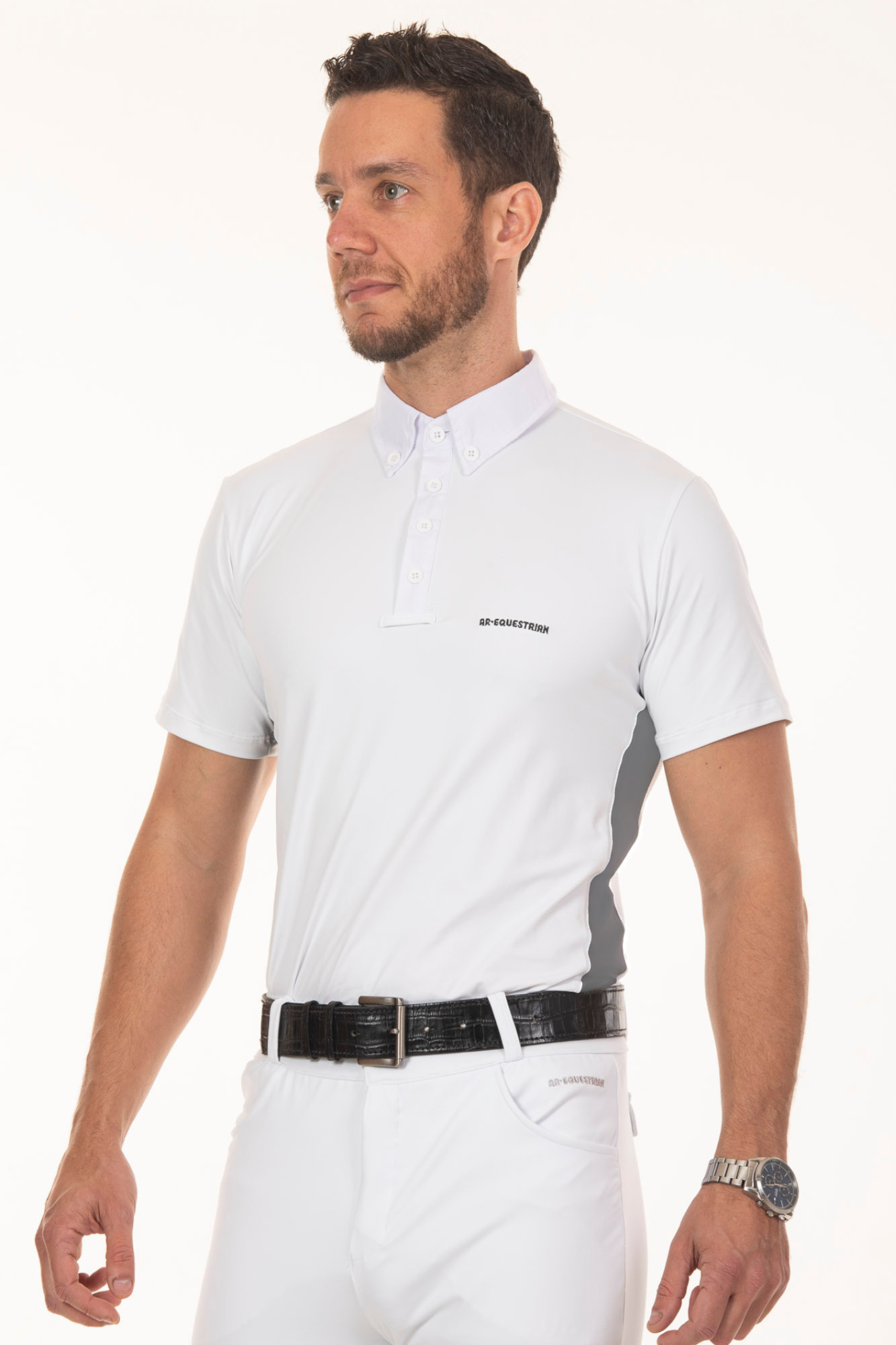 Camisa Hipismo Recorte Lateral Manga Curta Masculina Branca e Platina