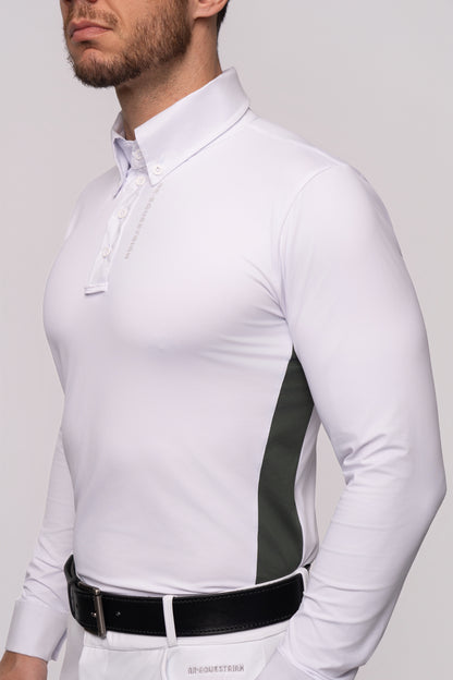 Camisa Hipismo Recorte Lateral Manga Longa Masculina Branca e Verde Cacto