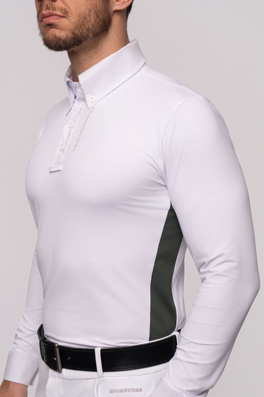 Camisa Hipismo Recorte Lateral Manga Longa Masculina Branca e Verde Cacto