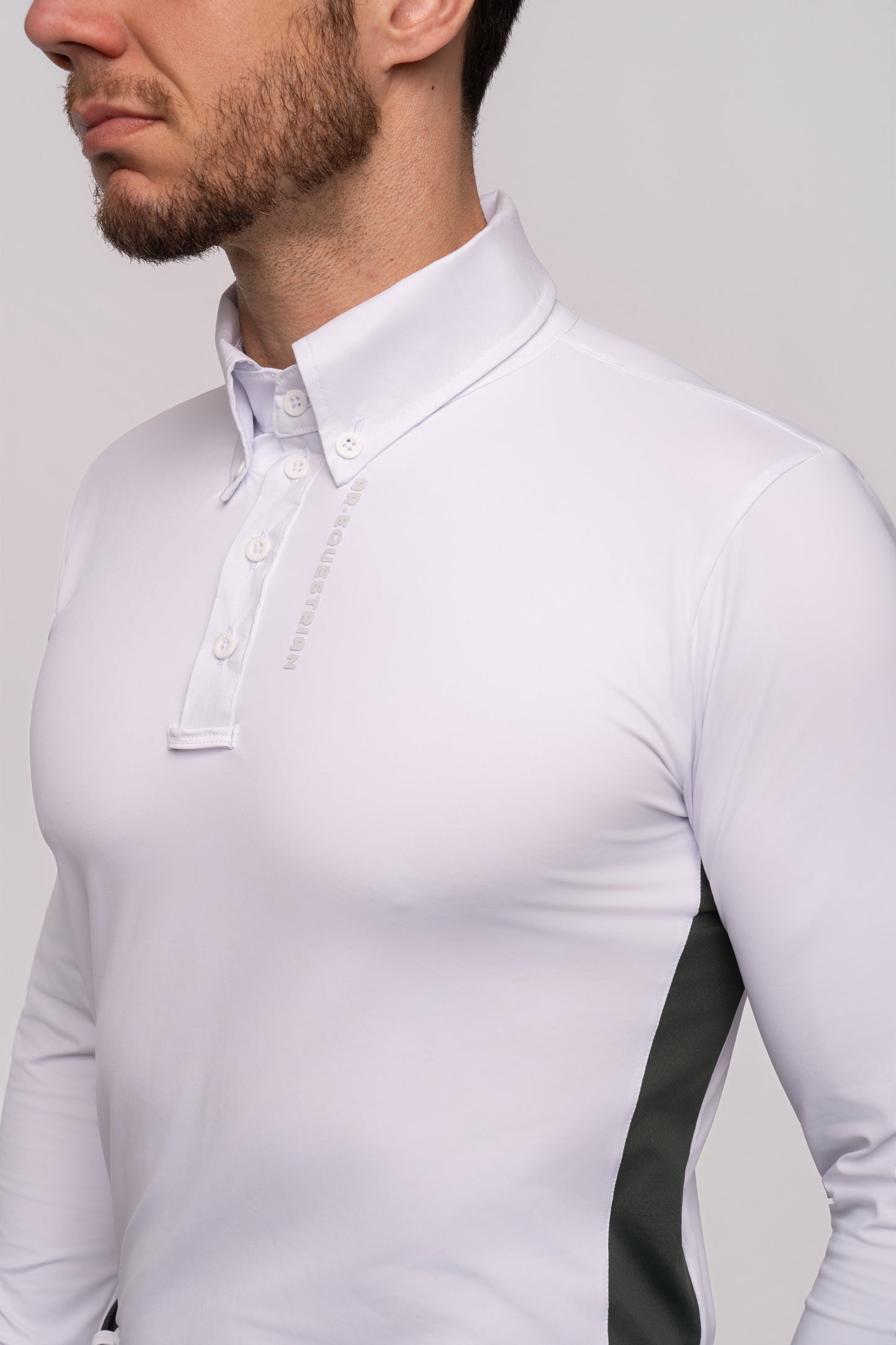 Camisa Hipismo Recorte Lateral Manga Longa Masculina Branca e Verde Cacto