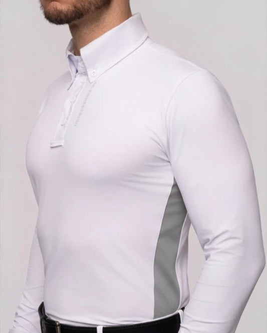 Camisa Hipismo Recorte Lateral Manga Longa Masculina Branca e Platina