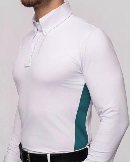 Camisa Hipismo Recorte Lateral Manga Longa Masculina Branca e Petróleo